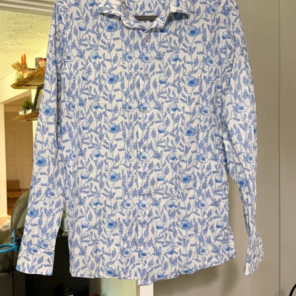Bar III Blue Floral Slim Fit Stretch Dress Shirt Mens Medium M